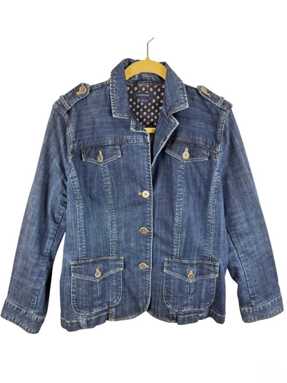 Lands End Womens Denim Field Jacket Blue Military Utility Chore Coat Size 16